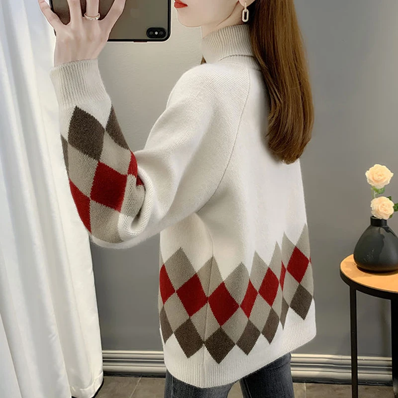 2023 Autumn Winter Women Argyle Patchwork Turtleneck Thick Knitted Sweater Female Casual Long Sleeve Loose Pullover Tops Jumpers