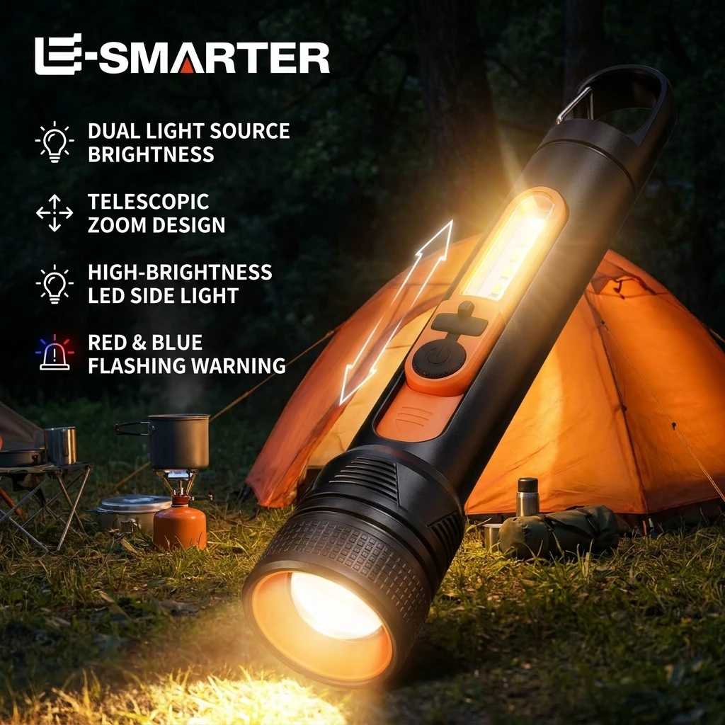 High‑Intensity Zoomable Long‑Range Handheld Torch, Multi‑Purpose Outdoor Flashlight with Side Lamp Hang Hook and Adjustable
