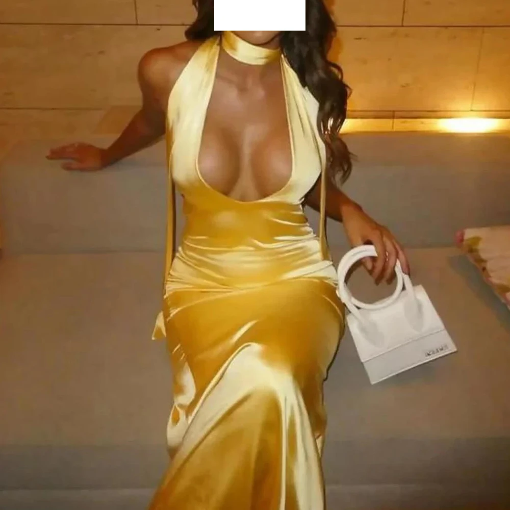 Recht Halter Satijn Mouwloos Kanten Rug Mode Avondjurken Fotokleur Plooien Ruglooze Open Rug Saoedi-Arabië 2024