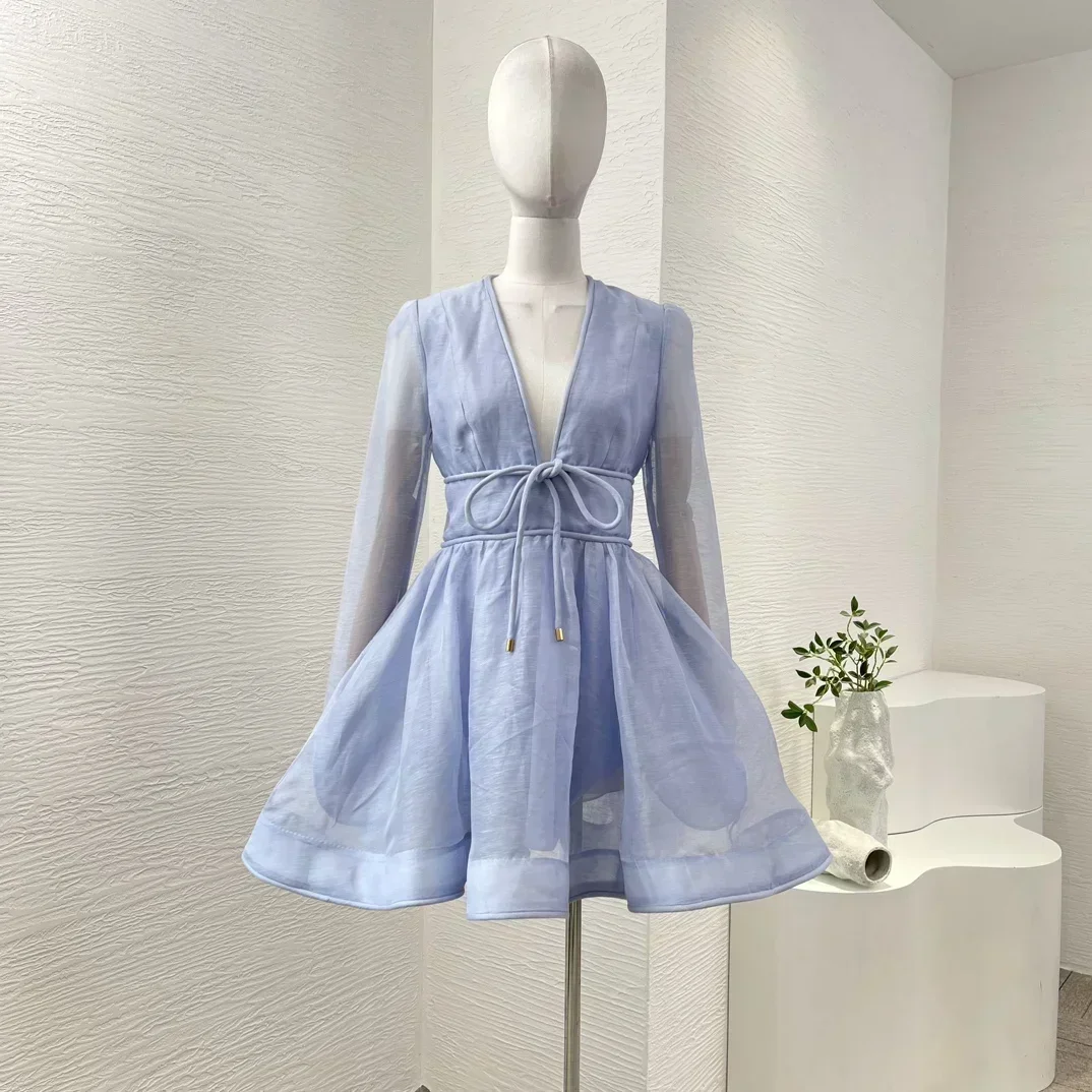 Linen Silk 2024 Autumn New High Quality Blue Full Sleeve Deep V-Neck Lace-up Women Mini Dress