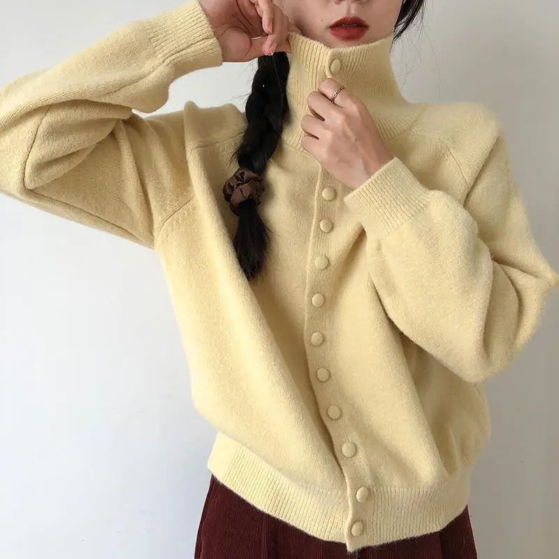 Women's High Neck Knit Cardigan 2026 Autumn Solid Color Single Breasted Sweater Outerwear Woman Korean Soft Cashmere Knitwear