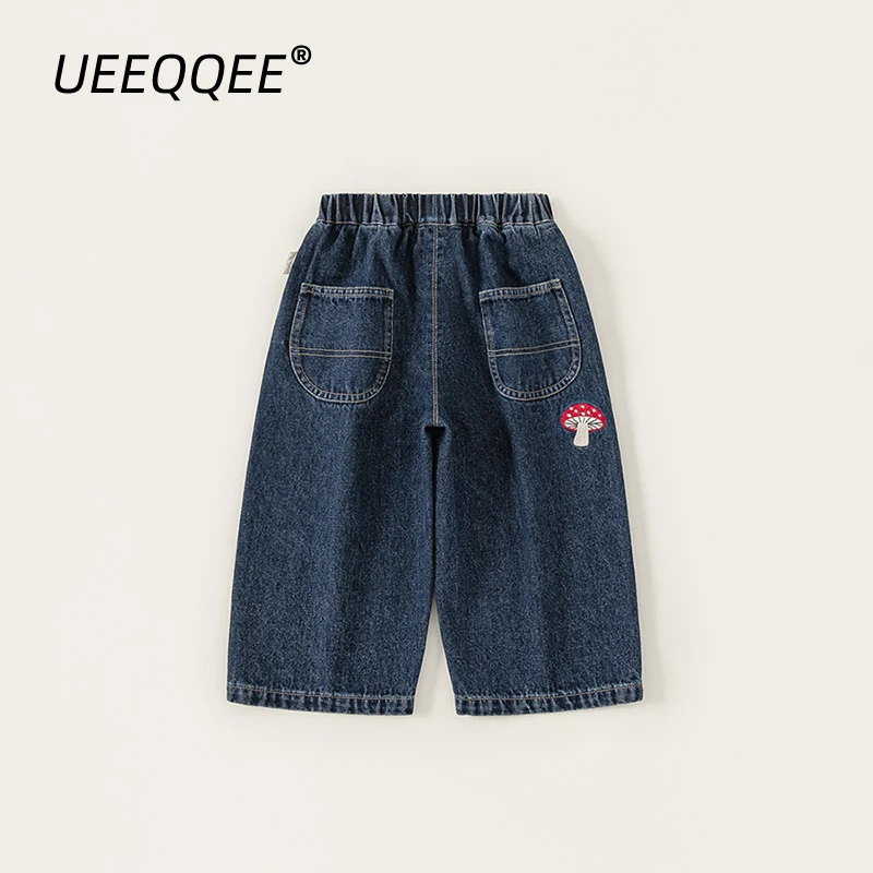 

Spring Autumn Children Jeans 1-10Y Girls Embroidery Mushroom Denim Pants Straight Trousers Korean Toddler Wear For Kids Clothing