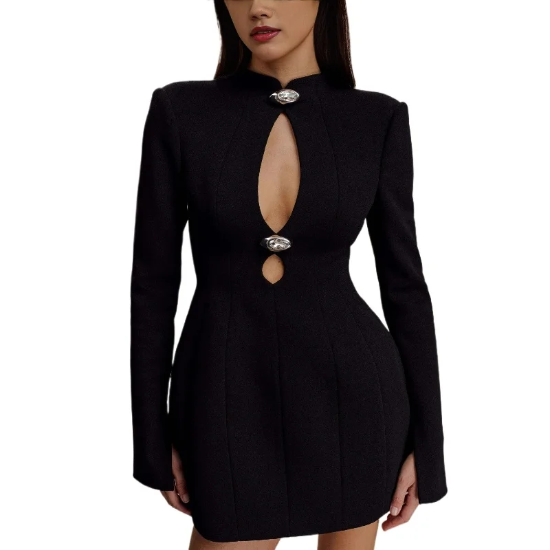 

Женское облегающее платье с эффектом утяжки талии, осень 2026, новинка, сексуальное, с вырезами, с длинными рукавами, облегающее бедра, короткое платье-юбка