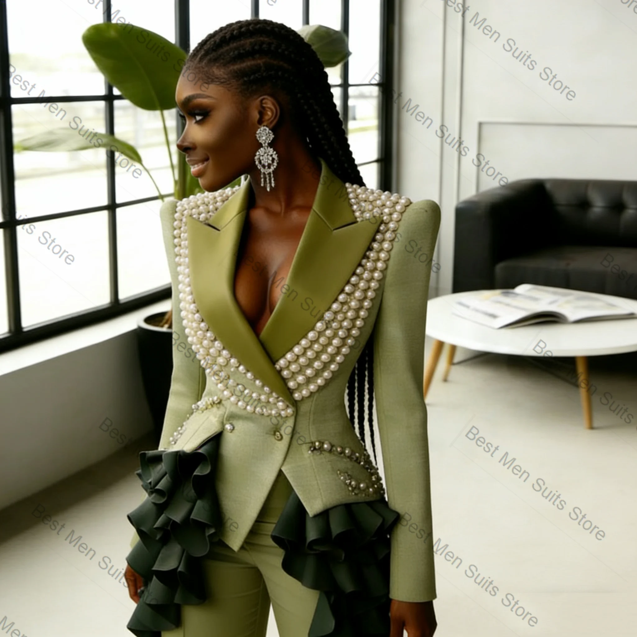Picture 4: Pearls Green Women Suit Set 2 Pcs Blazer Pants Trousers Cotton Formal Office Jacket Customized Wedding Tuxedo Guest Coat