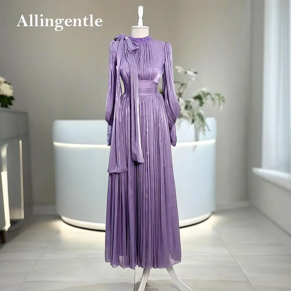 

Arabic Purple Long Sleeve Evening Dress Beading High Neck Floor Length Pleats Wedding Party Gown فساتين سهرة Customize