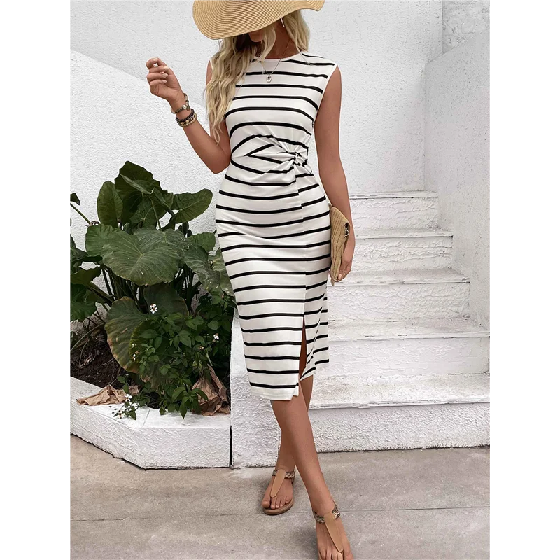 【SEE】 Robe t-shirt mi-longue d'été à rayures torsadées et fendues sur les cuisses pour femmes