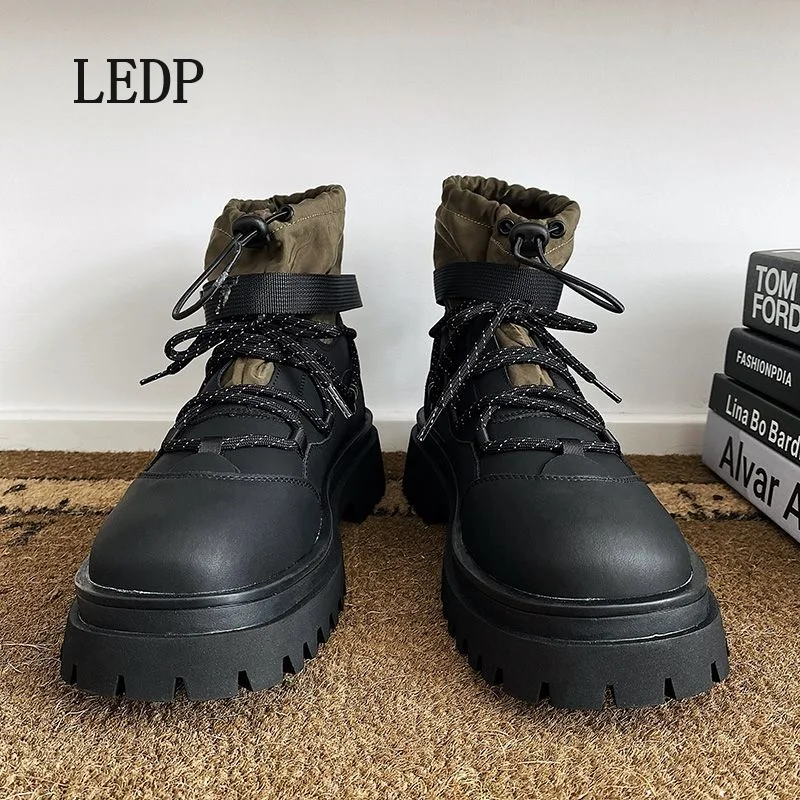 

LEDP Brand High Top Derby Platform Boots Men 2024 Spring and Autumn New Trend Outdoor Work Boots Camping Hiking Shoes