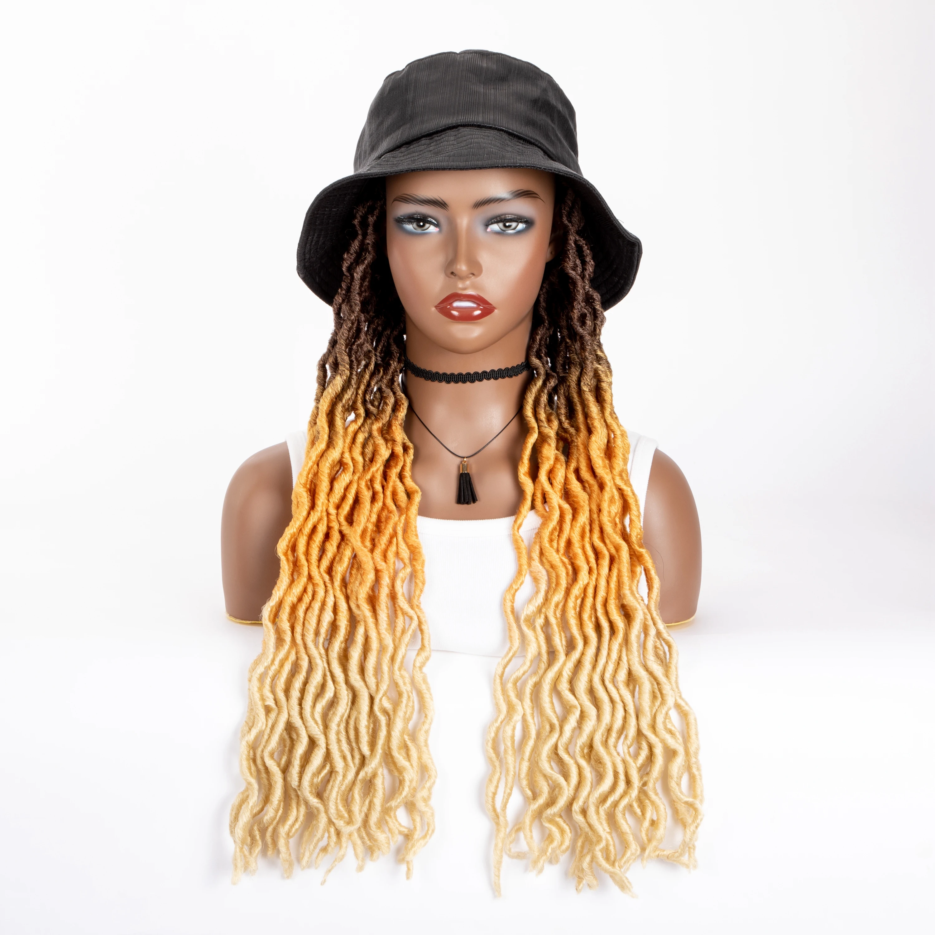 

Goddess Faux Locs Ombre With Bucket Hat Soft Gypsy Braids With Cap Dreadlocks 3 Tone Curly Wavy Twist Braiding Extensions