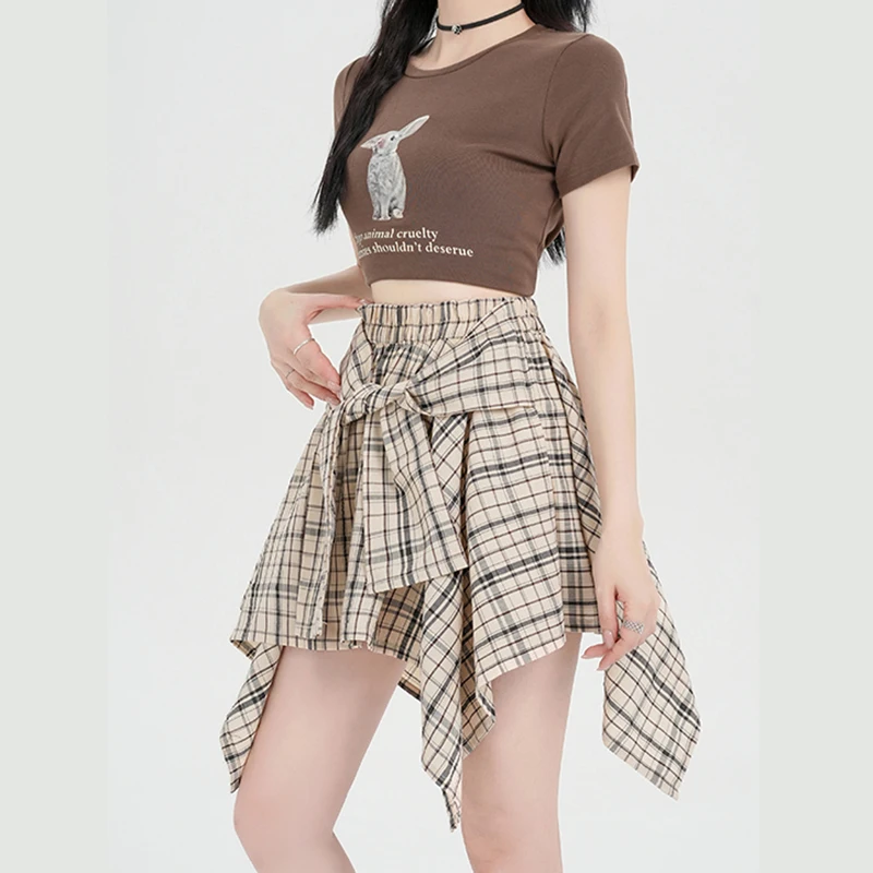 

Harajuku Irregular Plaid Skirts Women Summer Retro Fashion High Waist Lace-up Tie Mini Skirt Jupe Femme