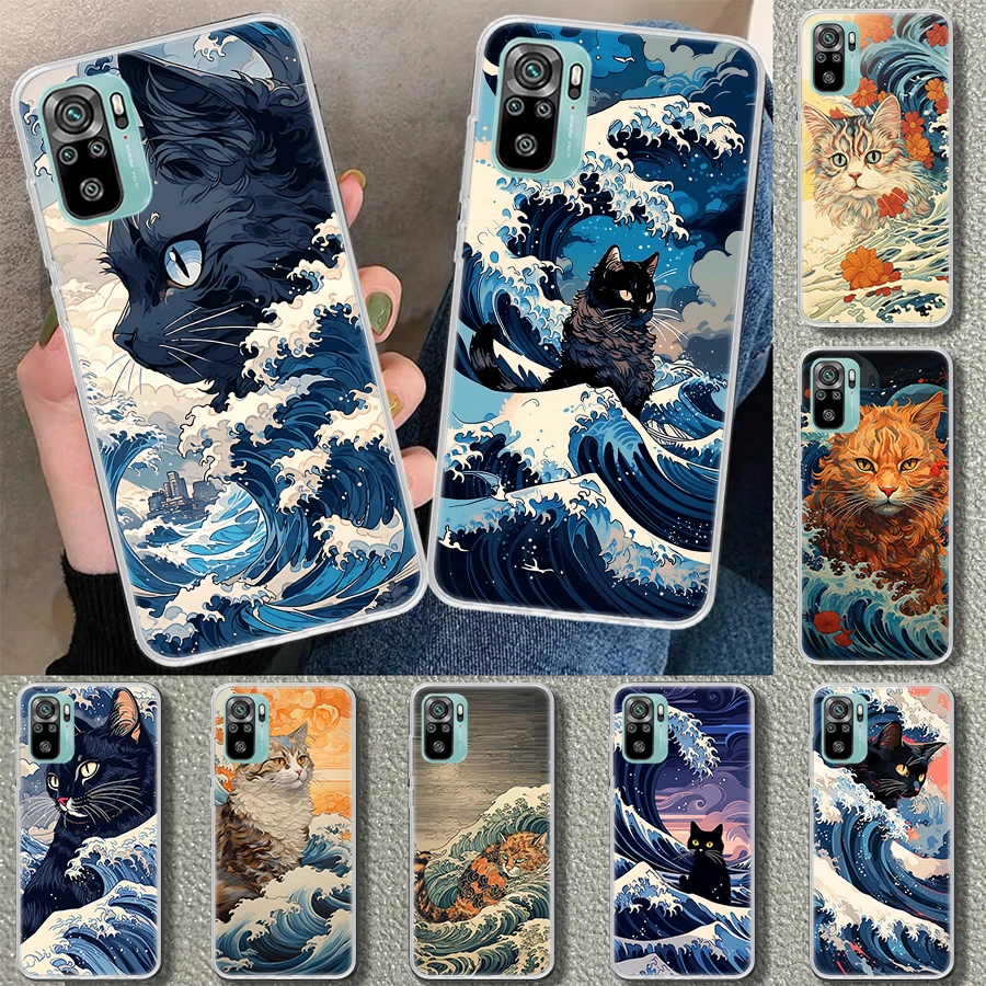 Anime Cat Sea Wave Aesthetic Phone Case Cover for Xiaomi Redmi Note 13 12S 12 11 11S 11T 11E 10 Pro 10S 9 9S 9T 8 8T 7 Plus Prin