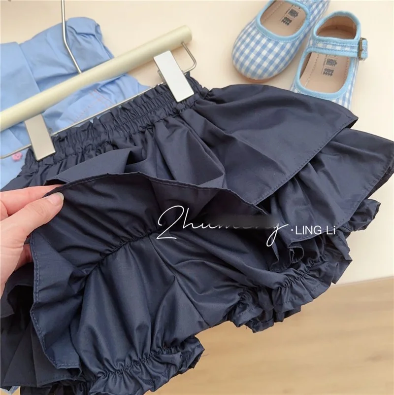 2023 Fashion Korean Style Summer Kids Girl Cute Sets Baby Girls Sleeveless Shirt + Cake Culottes 2 Piece Set Kawaii Pantskirt