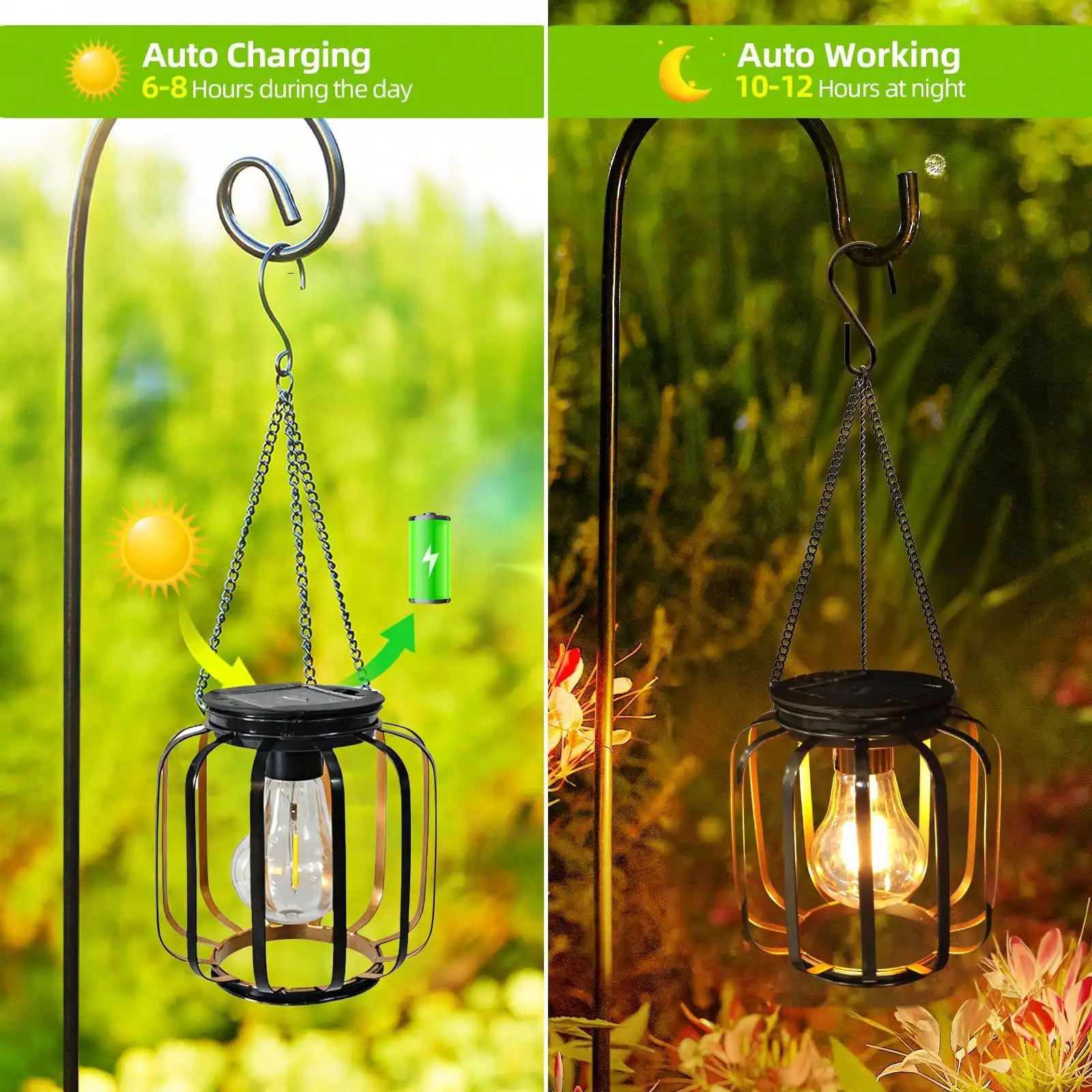 1/2pcs Outdoor Solar Hanging Lamp: Metal, Hook, Bright Warm Light for Yard/Garden/Patio/Porch