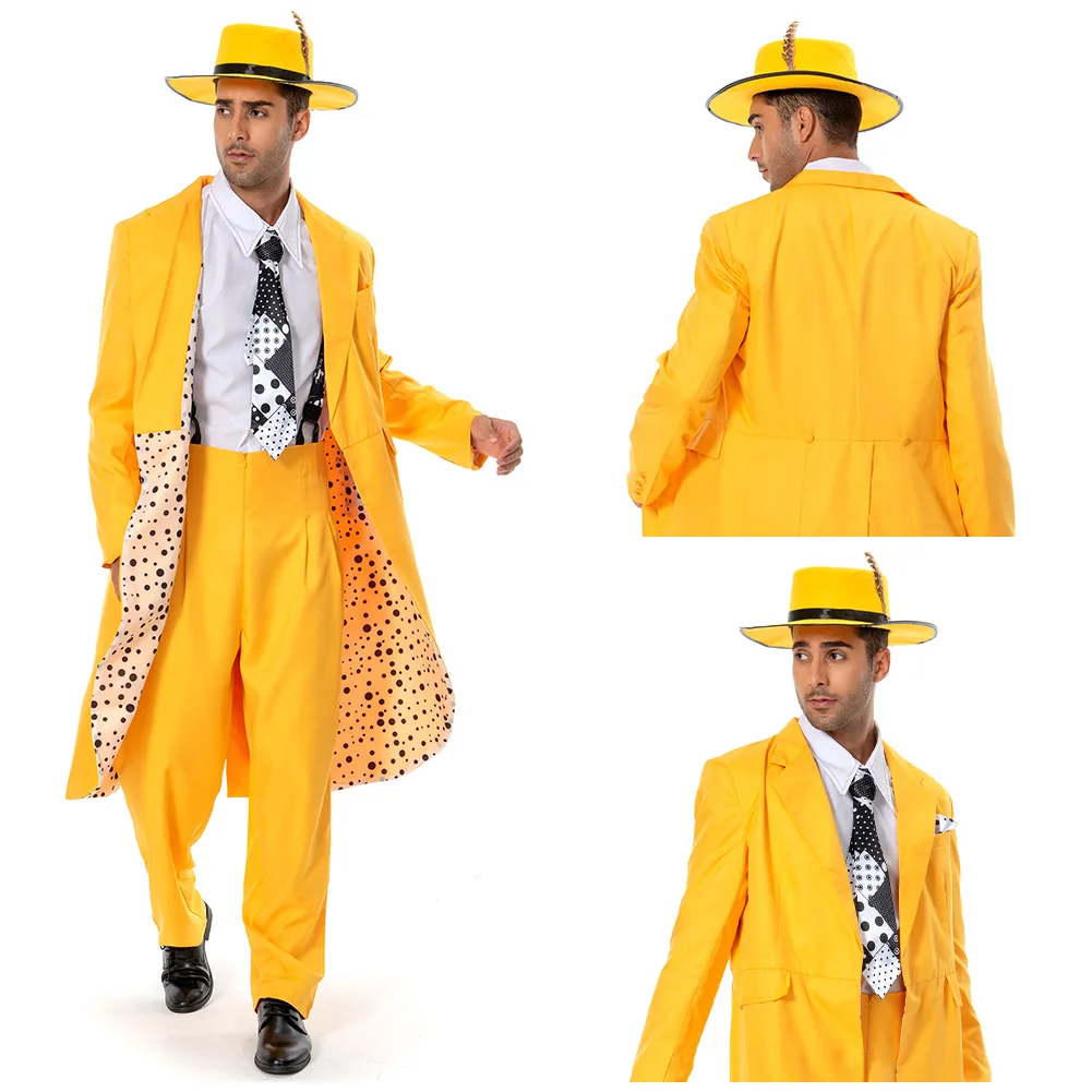 

Movie The Mask Jim Carrey Cosplay Costume Yellow Suit Uniform Adult Men Outfit Halloween Carnival Costume Fancy Dress