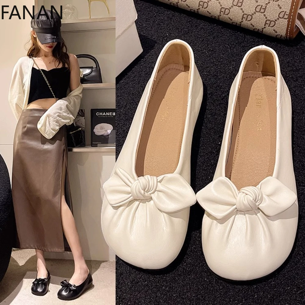

Милые кавайные летние кожаные туфли на низком каблуке с бантом на плоской подошве, женские повседневные удобные туфли-лодочки на платформе, 2025 г., с круглой головкой
