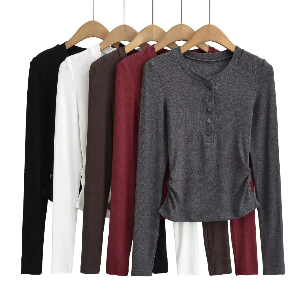 

Sexy Slim-fit T-shirt for Women round Neck Single-Breasted Long Sleeve Pleated Inner Top for Autumn Winter Hot Girl Style