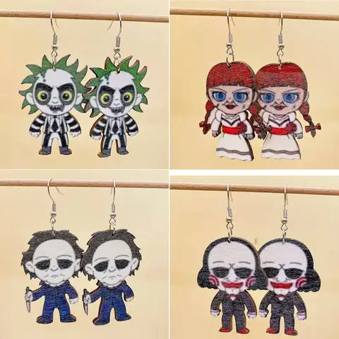 Horror Movies Halloween Earrings Skull Wooden Earrings  for Woman Girl Holiday Birthday Gifts