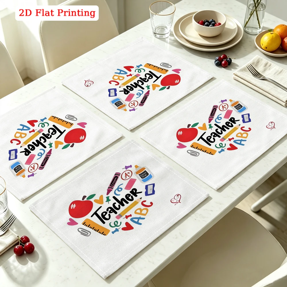 2Pcs Woven Placemat White Teacher Apple ABC Pencil Table Mat Kitchen Dining Decor Protection 30X40Cm