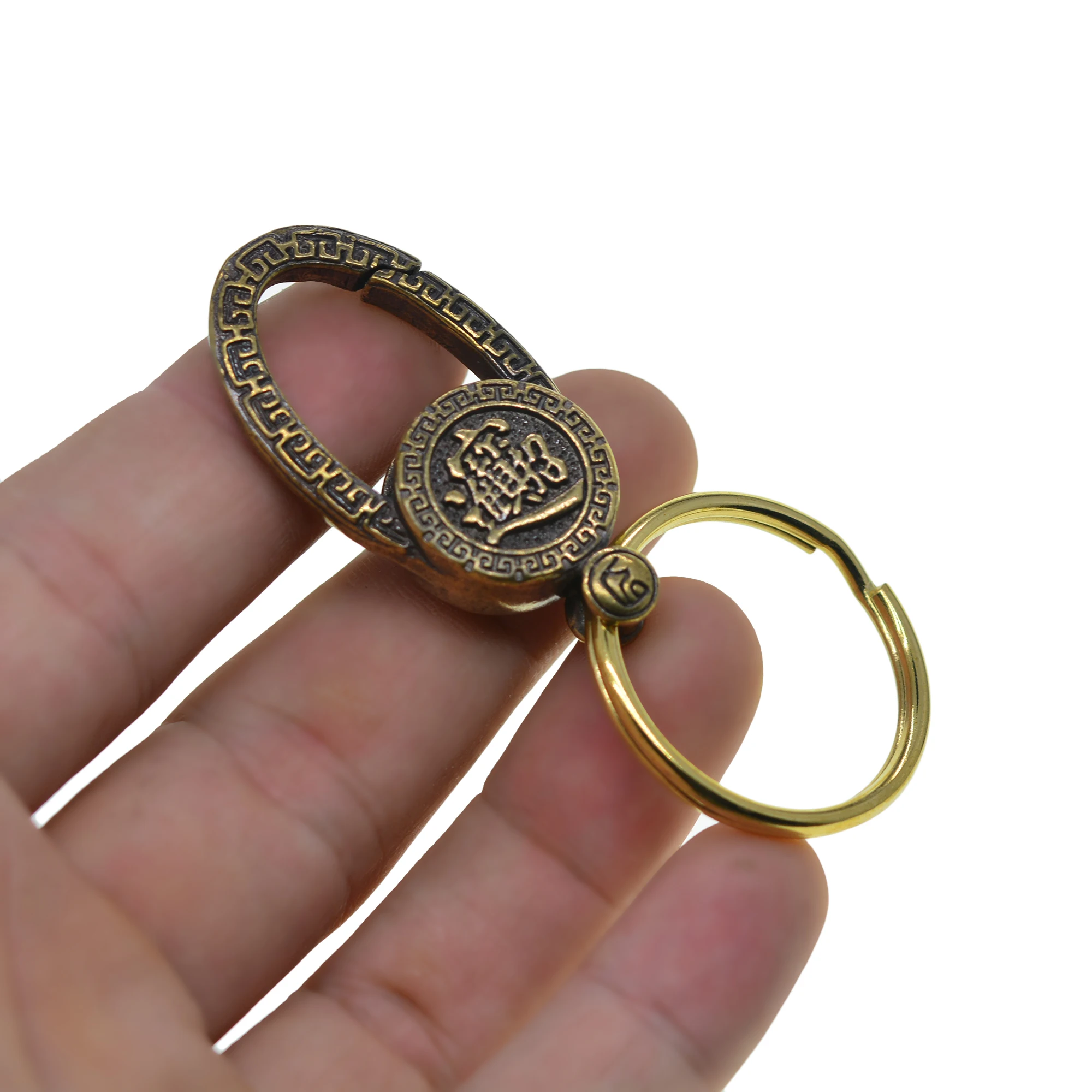 Solid retro brass 2.85 inch Good luck fortune Snap quick release 32mm split keyring backpack EDC FOB Keychains family gift