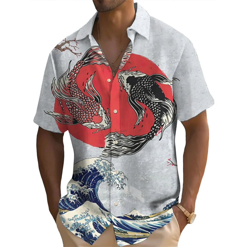 Japanese Men\'s Shirt Ukiyo-E Pattern Shirt Summer Casual Short Sleeved Tops T-Shirt 3d Fish Print Tees Oversized Men\'s Clothing