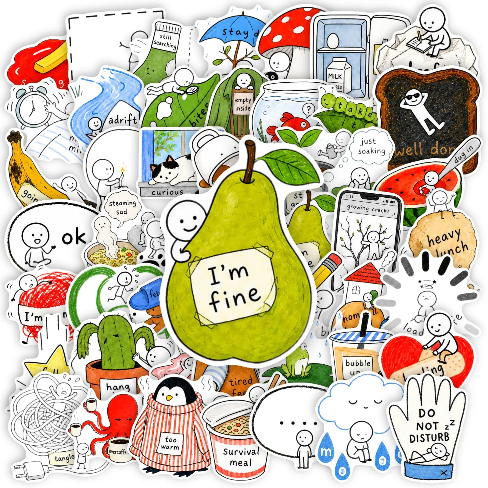 50 PCS Cartoon Simple Healing Stick Figure Emotion English Stickers Student Hand Account Stationery DIY Material Sticker Decals
