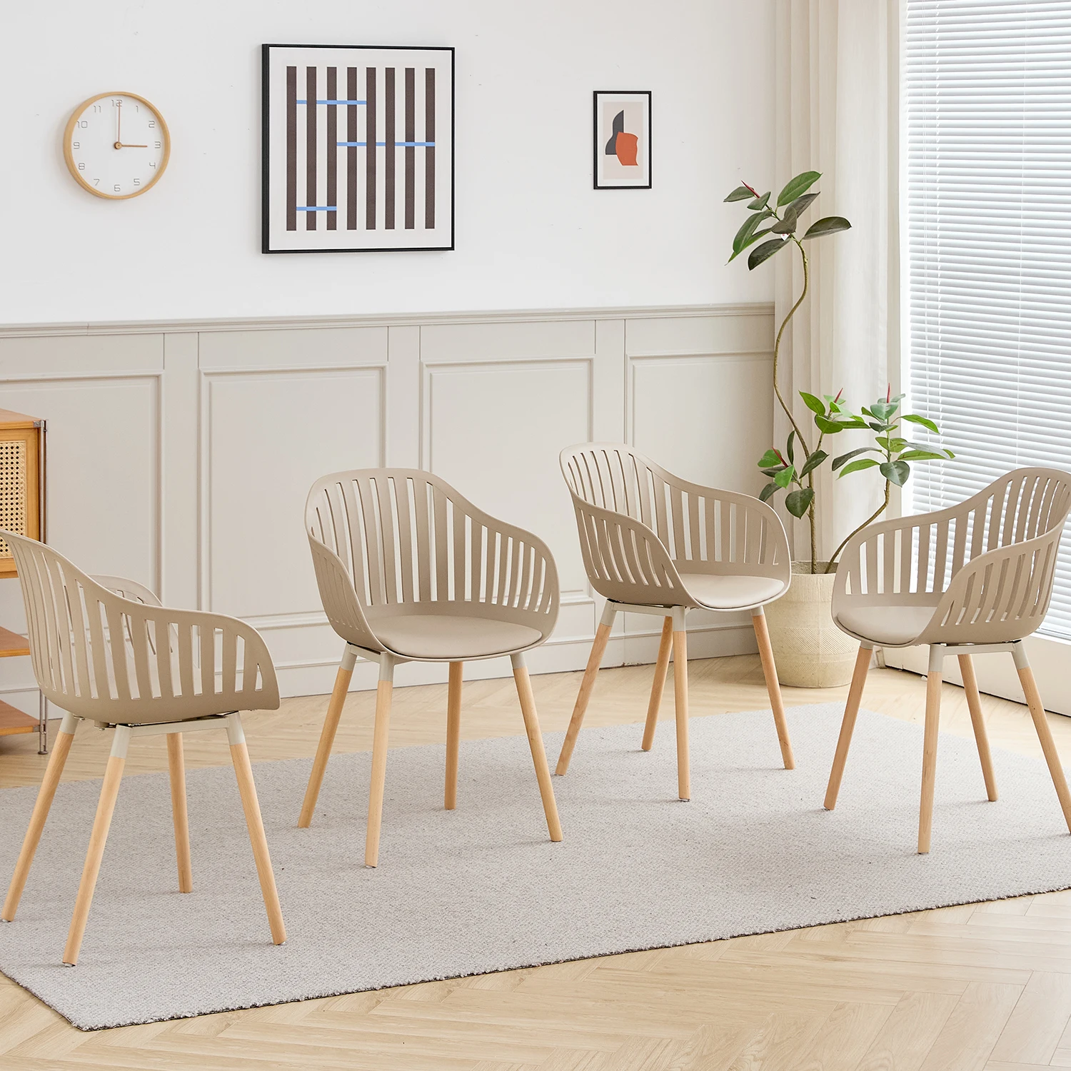 Ensemble de 4 chaises de salle à manger modernes, chaises à dossier creux vertical, fauteuil rembourré avec pieds en bois pour cuisine salle à manger