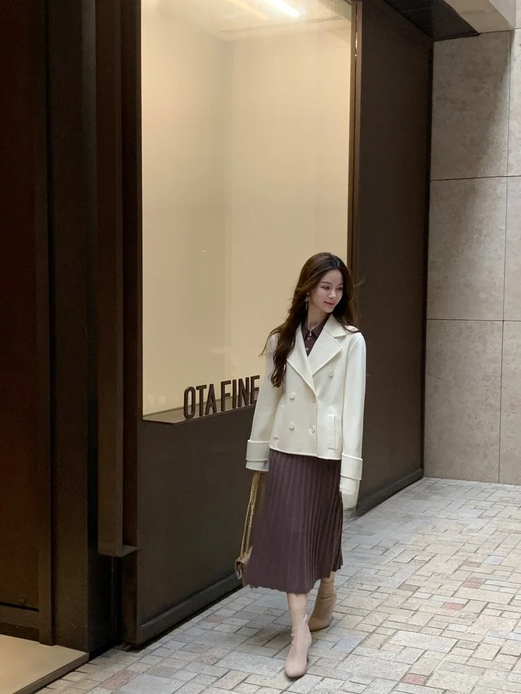 

White Lover Wcouture Original Design Academic Sle Woolen Double Breasted Straight Coat Jaet Pure Color Suit Collar Long S...