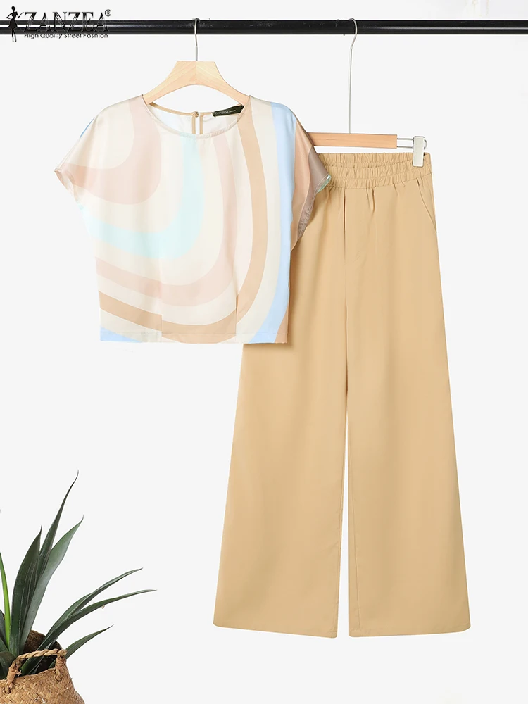 Zanzea verão 2 pçs roupas femininas conjuntos de calças moda 2 peças conjuntos de treino manga curta blusa impressa calças de perna larga terno