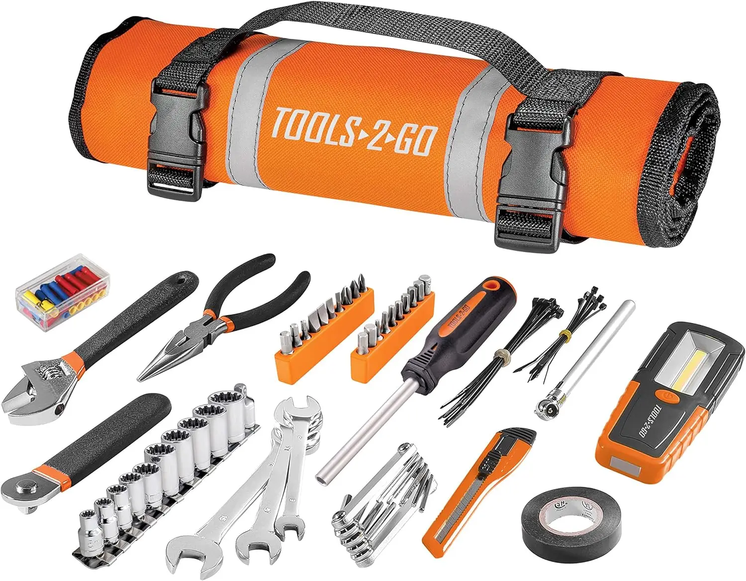 

Tool 83 Piece Set with Roll-Up Pouch, Wrenches, Pliers, Work Light, Sockets, and Bits for Motorcycle, Car, Truck, ATV - 240119