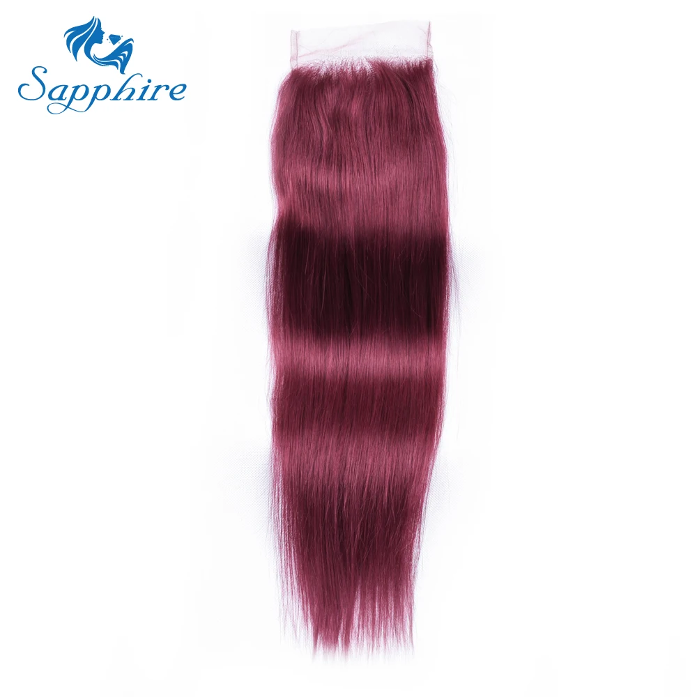 Sapphire Pure 99J Brazilian Hair Burgundy Bone Straight 4X4 Lace Closure Red Wine Pre Plucked With Baby Hair Bleached Knots Remy