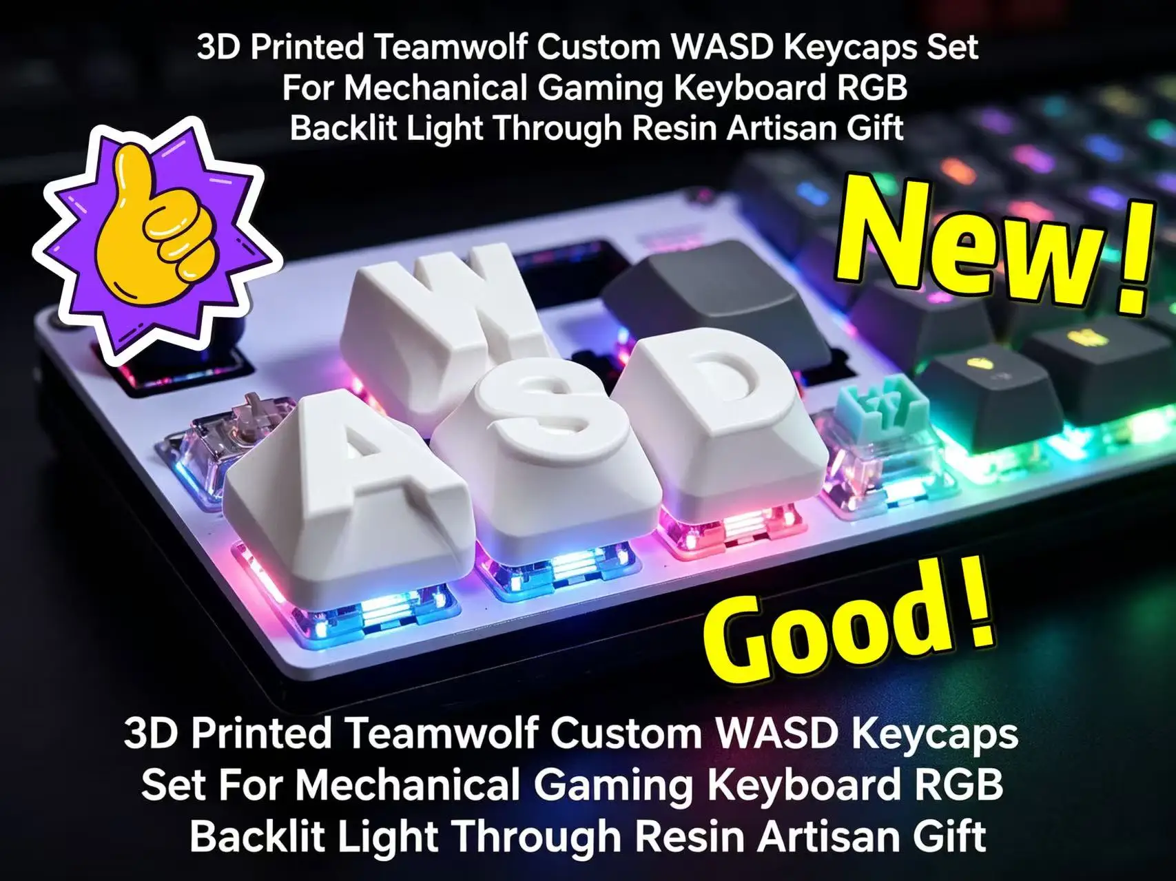 2026 3D Printed Teamwolf Custom WASD Keycaps Set For Mechanical Gaming Keyboard RGB Backlit Light Through Resin Artisan Gift
