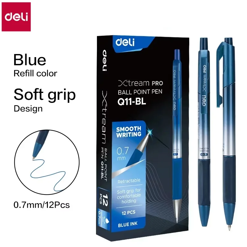 Długopisy DELI Smooth Writing z czarnym i niebieskim tuszem 0,7 mm, zestaw 12 sztuk, długopisy automatyczne do biura, szkoły i domu.