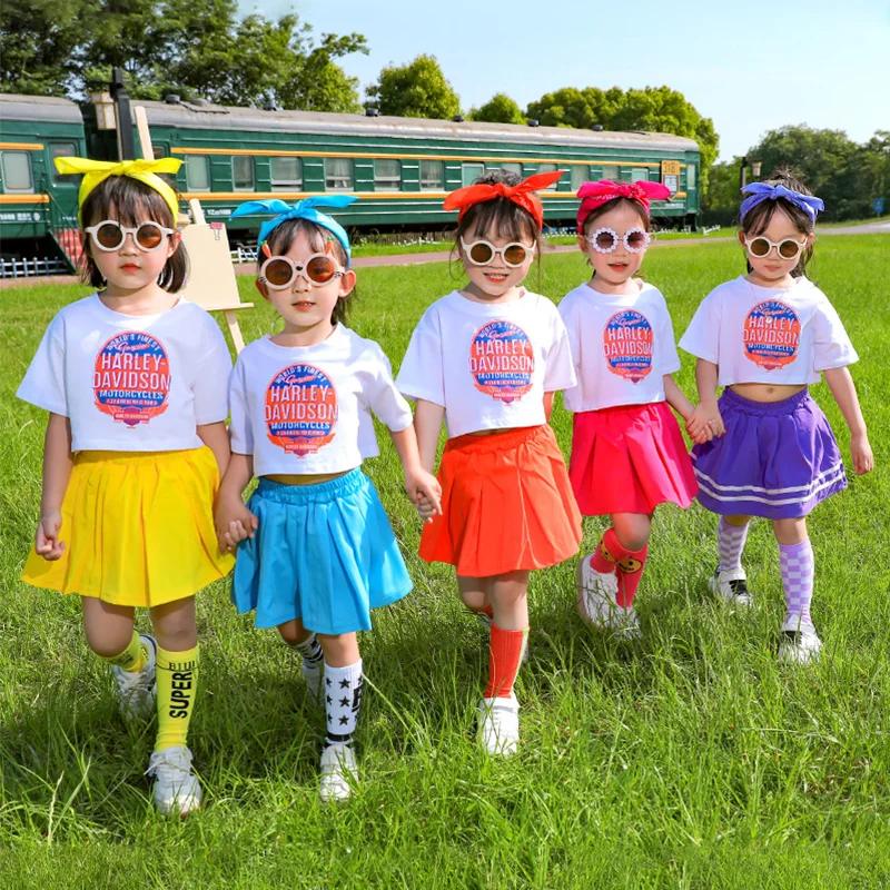 T-shirt de danse de rue Hip Hop pour enfants, haut court pour filles, jupes monochromes, vêtements de groupe pour enfants, vêtements de jazz, document lumineux, Minisk343, Streetwear d'été