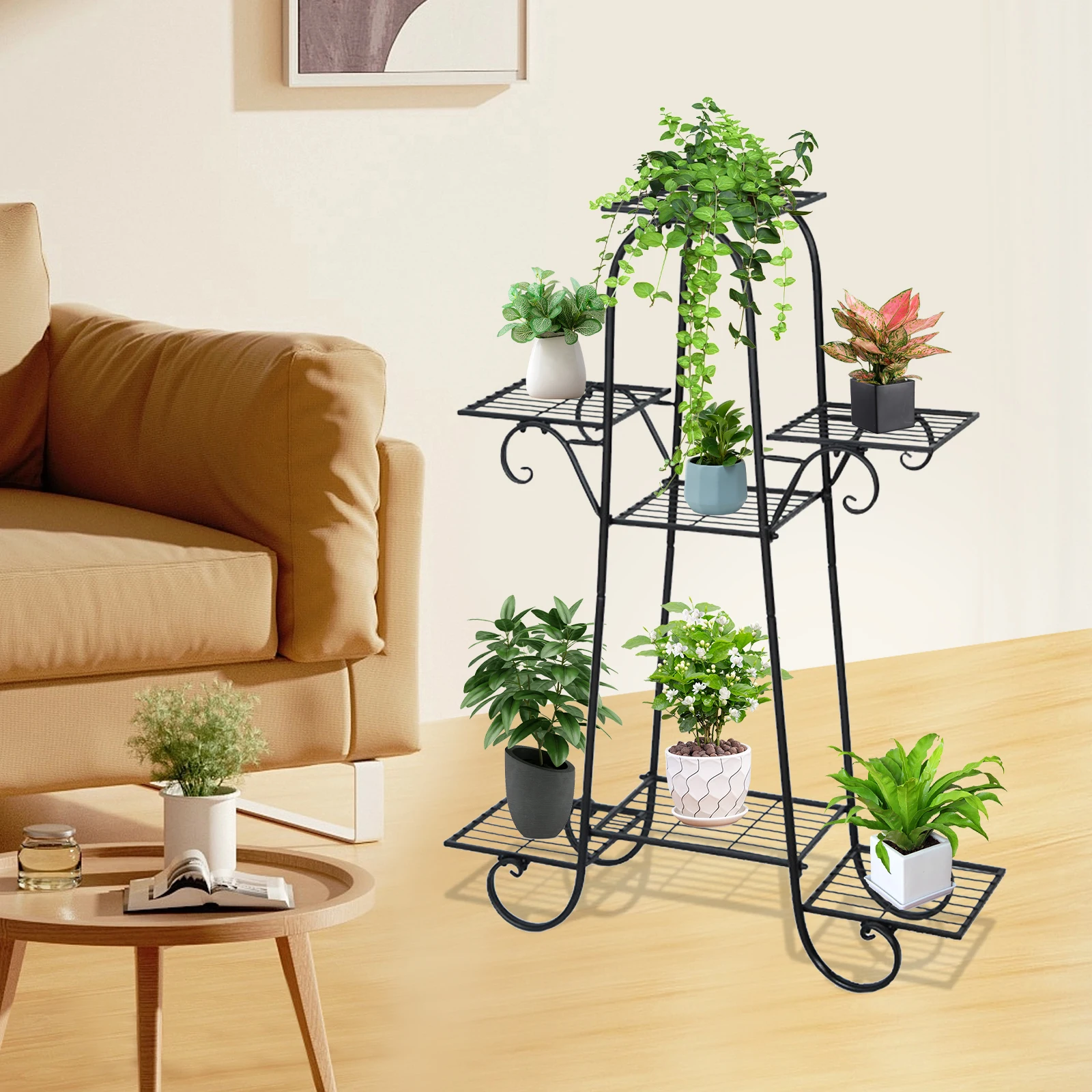 

7 Platforms Floor Standing Plant Stand Black Multifunctional Indoor Metal Plant Stand with Curved Feet