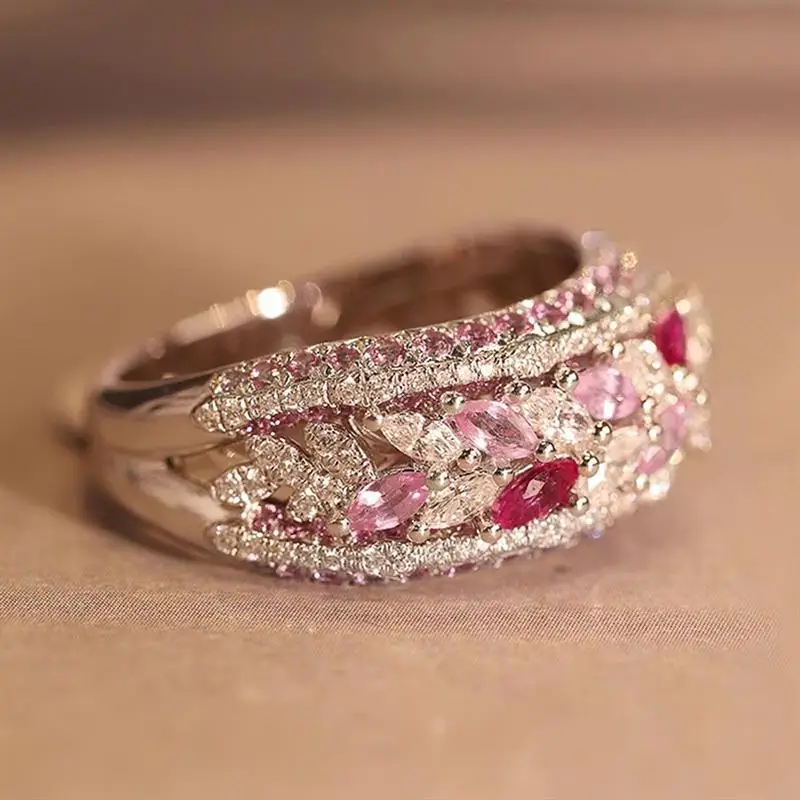 Huitan Anmutiger silberfarbener Damenring, ästhetischer Hochzeits- und Verlobungsring mit Marquise-Form, mehrere Farben, CZ, trendiges Accessoires-Schmuckstück – Detail 2