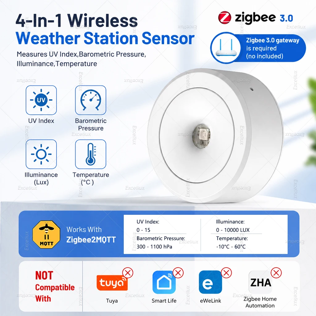Zigbee 4-In-1 Weather Station Sensor Thermometer Measures UV Index,Baro,Illuminance,Temp Via Home Assistant Zigbee2MQTT Gateway