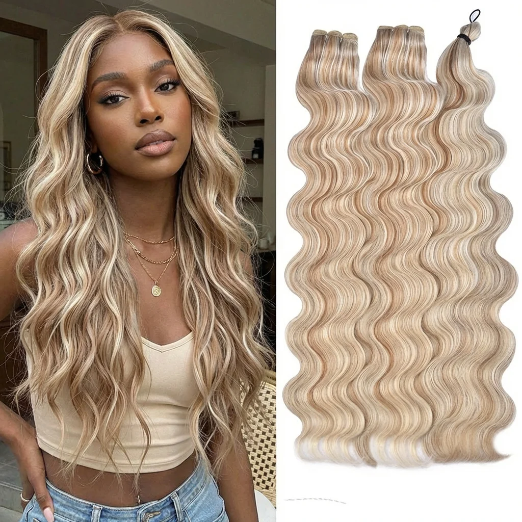 

22Inch Loose Body Wave Bundles Hair Extensions Soft Long Synthetic hair Body Wave Hair Weave White Grey 613 Blonde