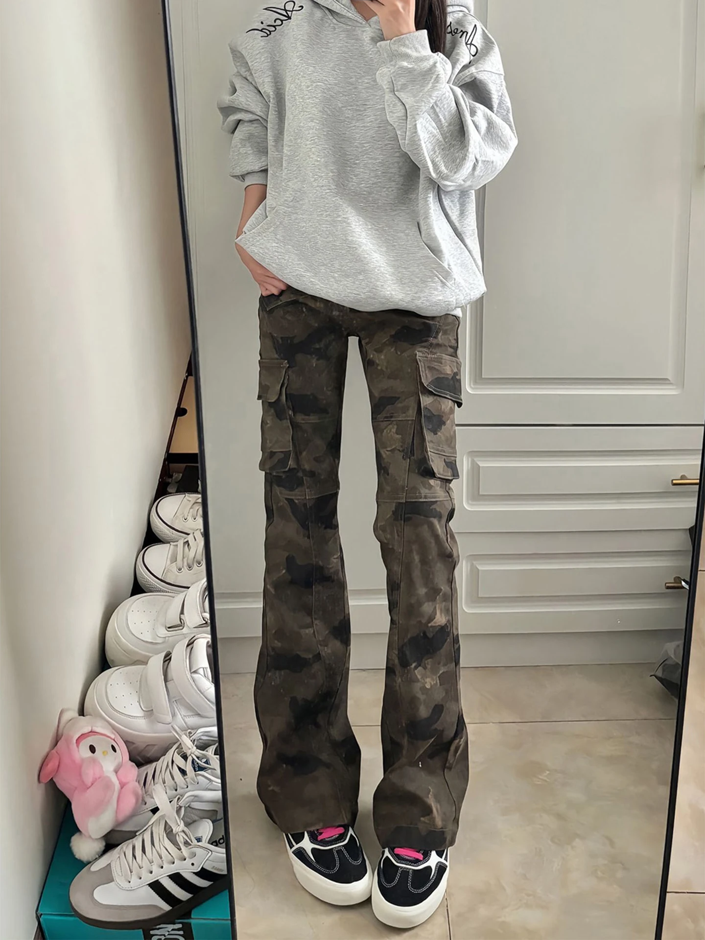 American Retro Camouflage Work Pants Men Women Autumn Haome High Street Vibe Slimming Knife  Flared Jeans Casual Wear
