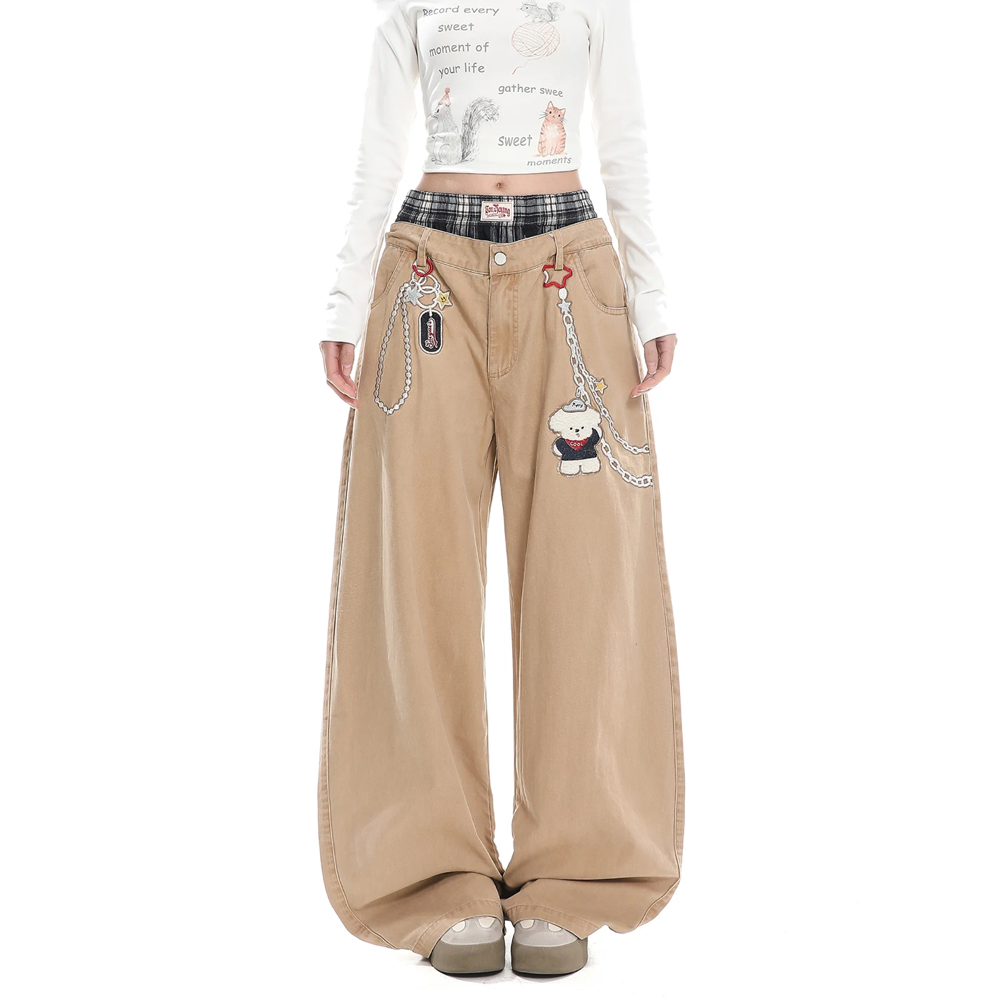 

Американские ретро-брюки с вышивкой цепочками, широкие, женские, весенне-осенние, свободные, повседневные, с уникальным дизайном, длинные