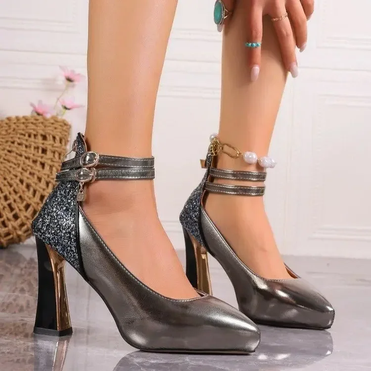 

New Women' High Heels Pumps Shoes Sexy Buckle Straps 10cm Black Super High Heeled Dance Party Wedding Shoes Ladies Large Size 43