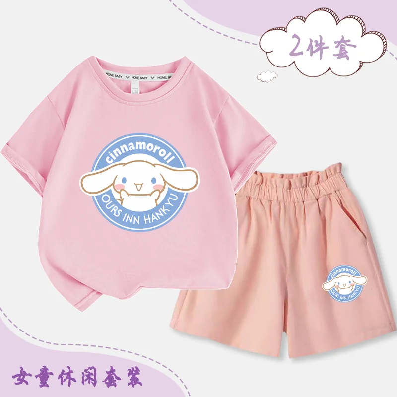 2ชิ้นอะนิเมะ sanrios ชุดลำลองสำหรับเด็กผ้าฝ้ายเด็กผู้หญิง Cinnamoroll เสื้อยืดเสื้อลายการ์ตูนกางเกงขาสั้นฤดูร้อนเสื้อผ้าของขวัญ