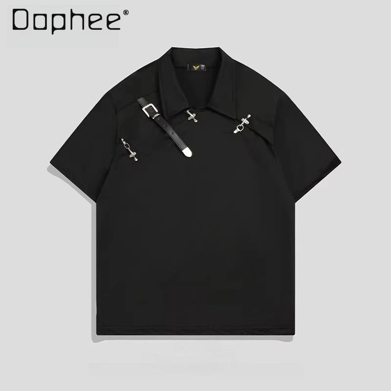 Summer New American Retro Style Men's Deconstructed Metal Belt Buckle Design Black White Loose Casual Polo Shirt