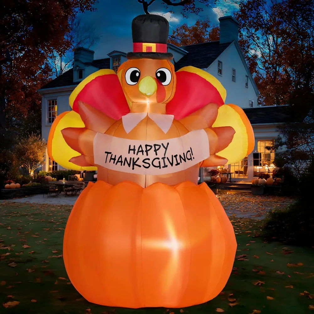 

6FT Thanksgiving Inflatables Turkey on Pumpkin Outdoor Decorations, Light Up Inflation Turkey Pumpkin with LED, Happy T