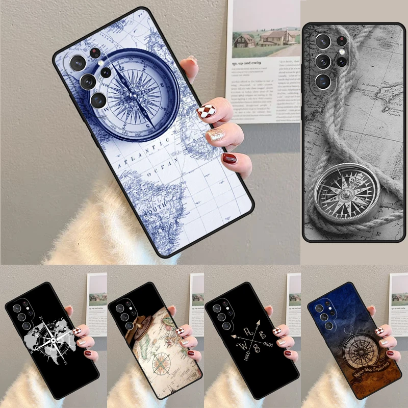 Cover For Samsung Galaxy S24 Ultra S21 S22 S8 S9 S10E Note 10 20 Plus FE S23 Compass Wanderlust Vintage Map Phone case Coque