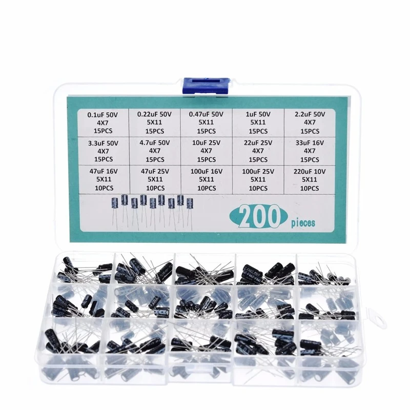 Kit de Caixa de Capacitor Eletrolítico, 15 Tipos de Plugue Direto, 0,1 UF, 50V-220UF, 10V, 200PCs, 1 Caixa