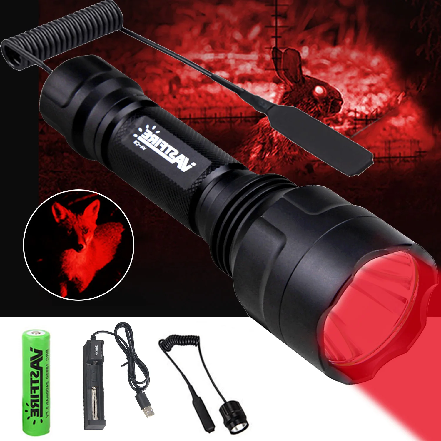 VASTFIRE Powerful 400 Yards Red LED Hunting Flashlight Tactical C8 Predator Handheld Torch 1-Mode Lamps for Coyote Hog Varmint