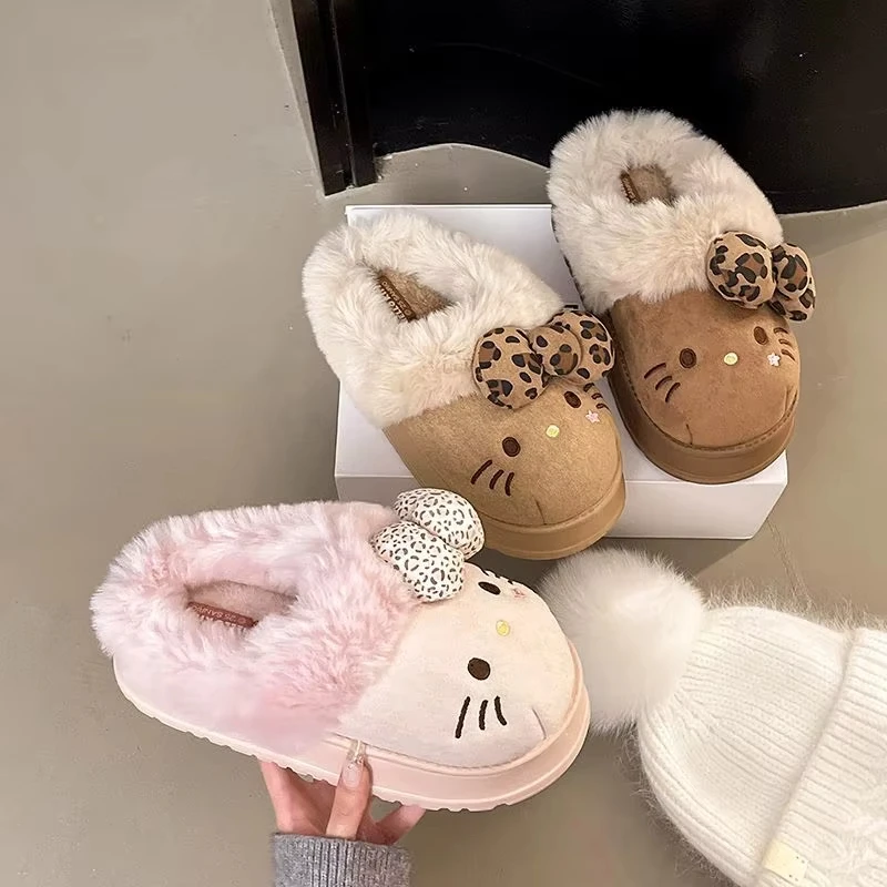 

Kawaii милые тапочки Hello Kitty для женщин, плюшевые осенне-зимние домашние теплые хлопковые тапочки Sanrio, домашняя домашняя обувь с героями мультфильмов, новинка