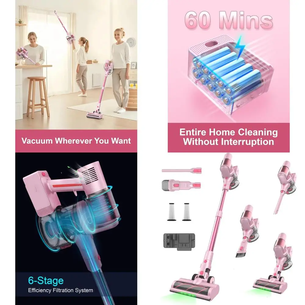 Pink 550W Cordless Vacuum, 45kPa Suction, 60-Minute Run Time, LED Display, Anti-Tangle Brush for Hard Floors and Carpets