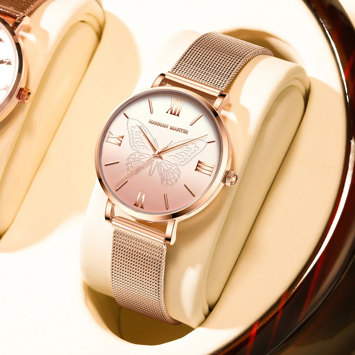 Hannah Martin Women Watch Original Design 3D Butterfly Rose Gold Stainless Steel Mesh Belt Japanese Movement Quartz Watch Women