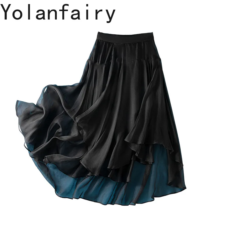 

Юбки из 100% натурального шелка YOLANFAIRY, женские летние новые модные юбки с эластичной талией, черная юбка, женская асимметричная юбка с рюшами по краям