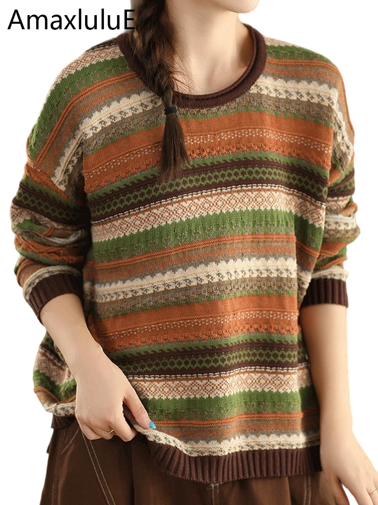 

Amax LuluE Winter Bohemia Womens Fashion Knitted Sweaters Loose Leisure Striped Pullover Females Oversized Warm O Neck Jumpers